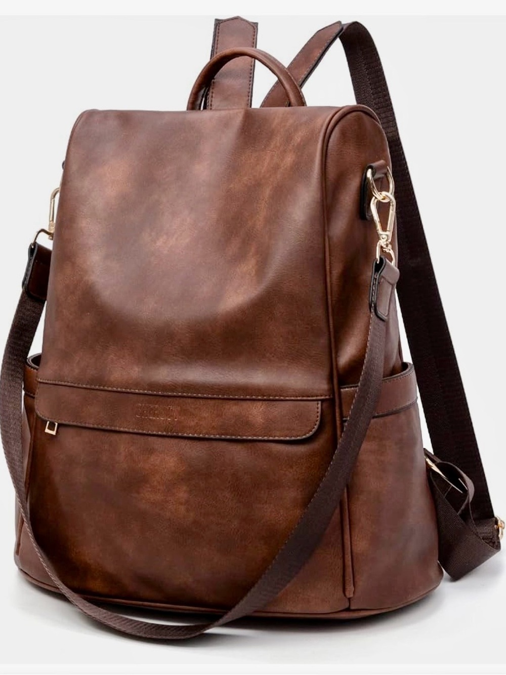 Anti-Theft Brown Vegan Leather Backpack/Purse - Classic Casual Travel Bag